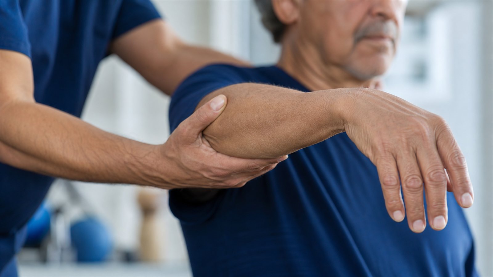 Manos de un fisioterapeuta guiando el brazo de un paciente mayor en un ejercicio de rehabilitación